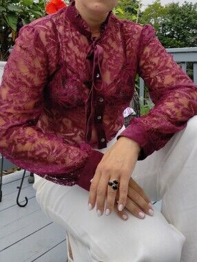 D&G Women's Wine Lace Romantic Ruffle Bow Blouse Medium
